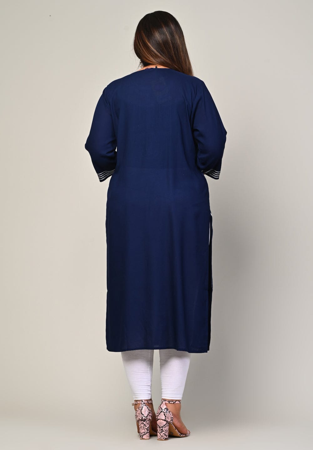 Back view of navy rayon kurti with straight hem and side slits, sizes 3XL-10XL