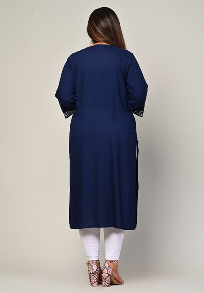Back view of navy rayon kurti with straight hem and side slits, sizes 3XL-10XL