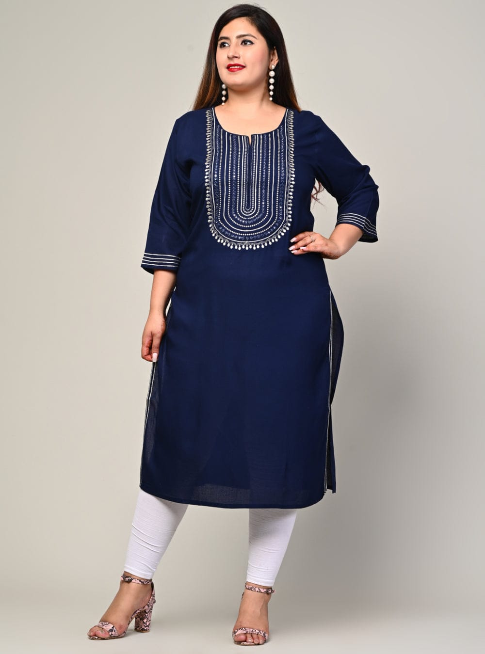 Plus size navy rayon kurti front view with mirror work yoke and 3/4 sleeves, women's sizes 3XL-10XL