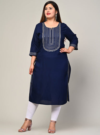Plus size navy rayon kurti front view with mirror work yoke and 3/4 sleeves, women's sizes 3XL-10XL