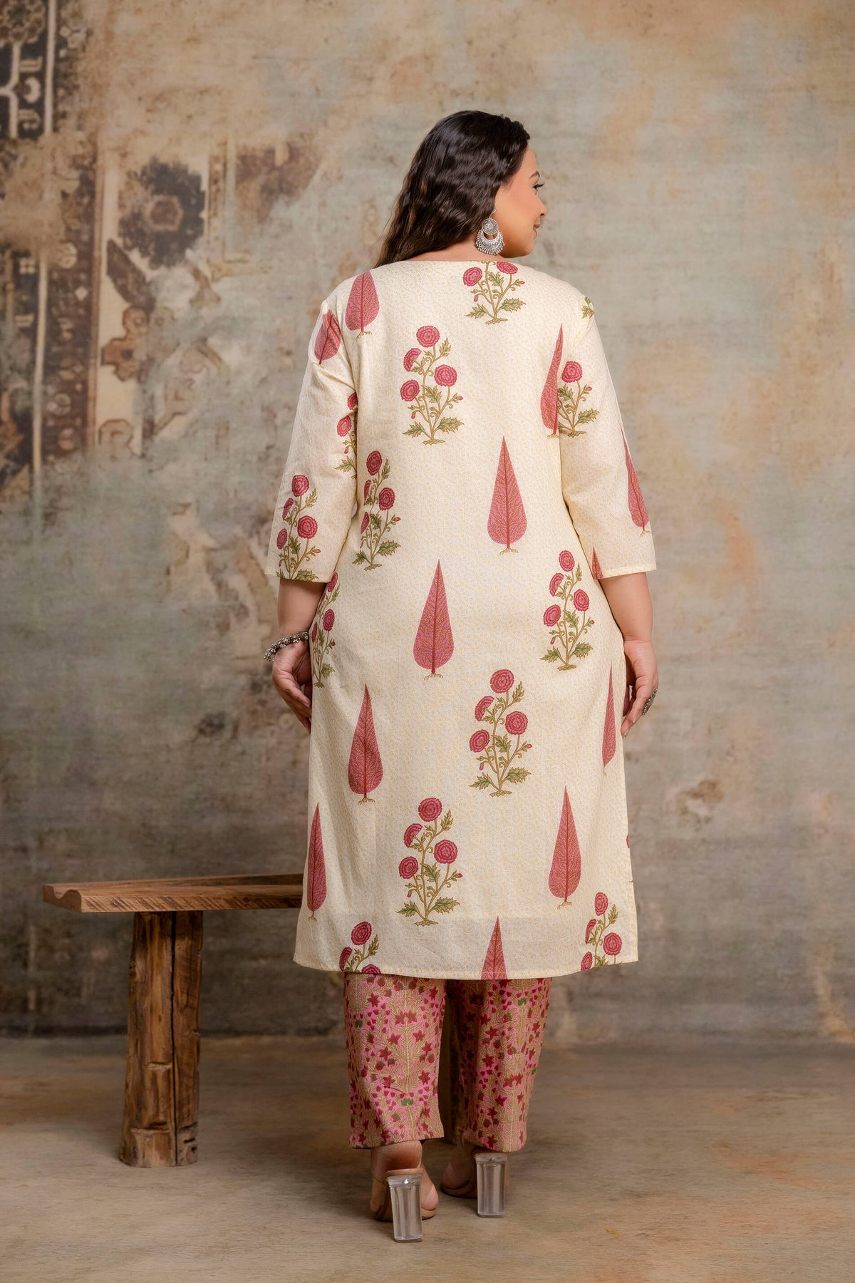 Plus size fat women pink dominated cotton kurti pant dupatta set back view for fat and curvy women