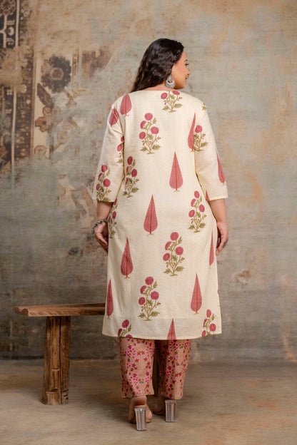 Plus size fat women pink dominated cotton kurti pant dupatta set back view for fat and curvy women