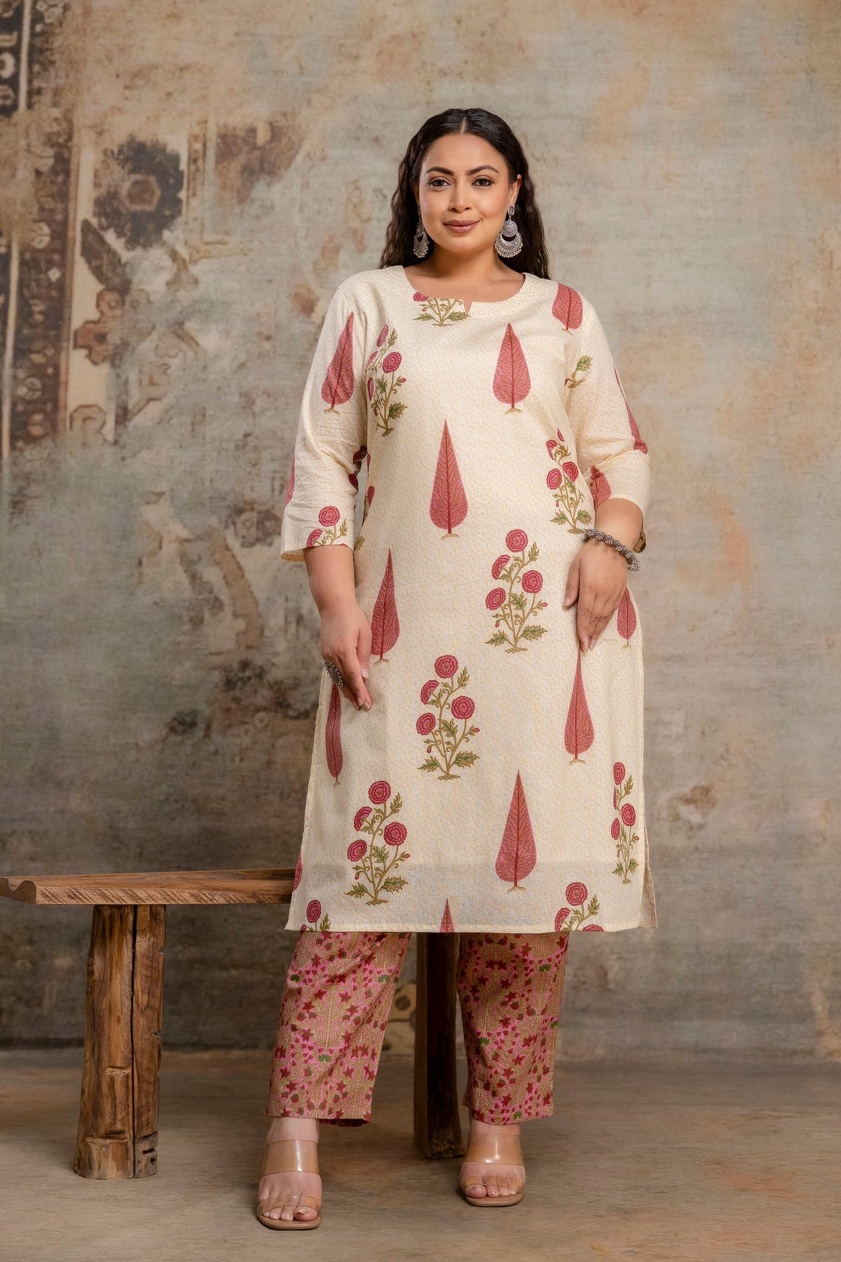 Plus size women pink dominated cotton kurti pant dupatta set front view fat women clothing