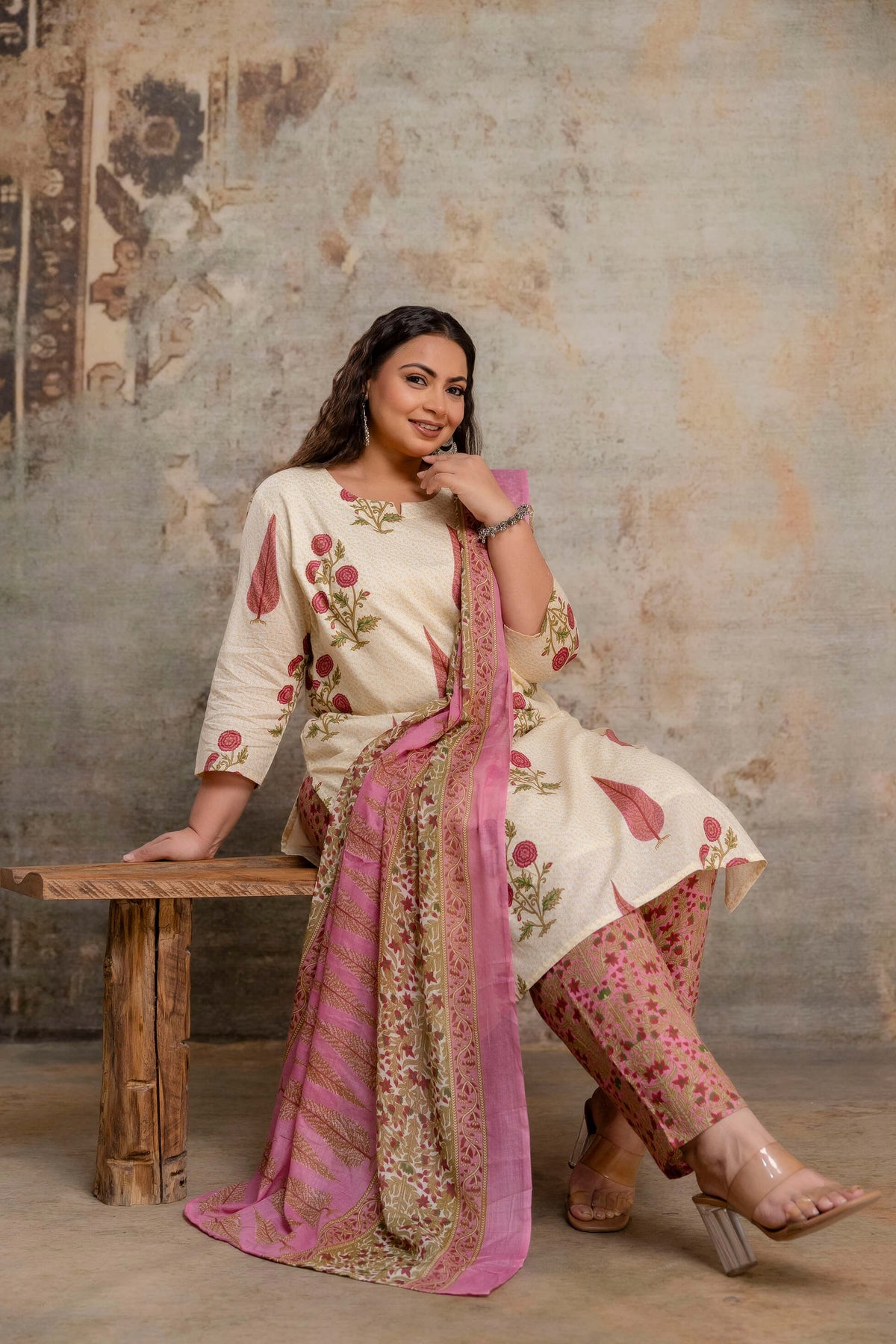 Plus size fat women pink cotton kurti pant dupatta set lifestyle image for women