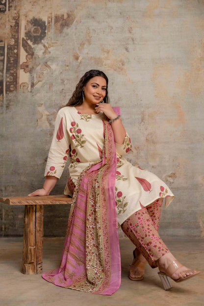 Plus size fat women pink cotton kurti pant dupatta set lifestyle image for women