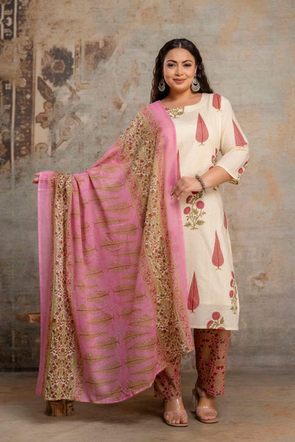 Plus size fat women pink kurti pant dupatta set with printed dupatta for fat women
