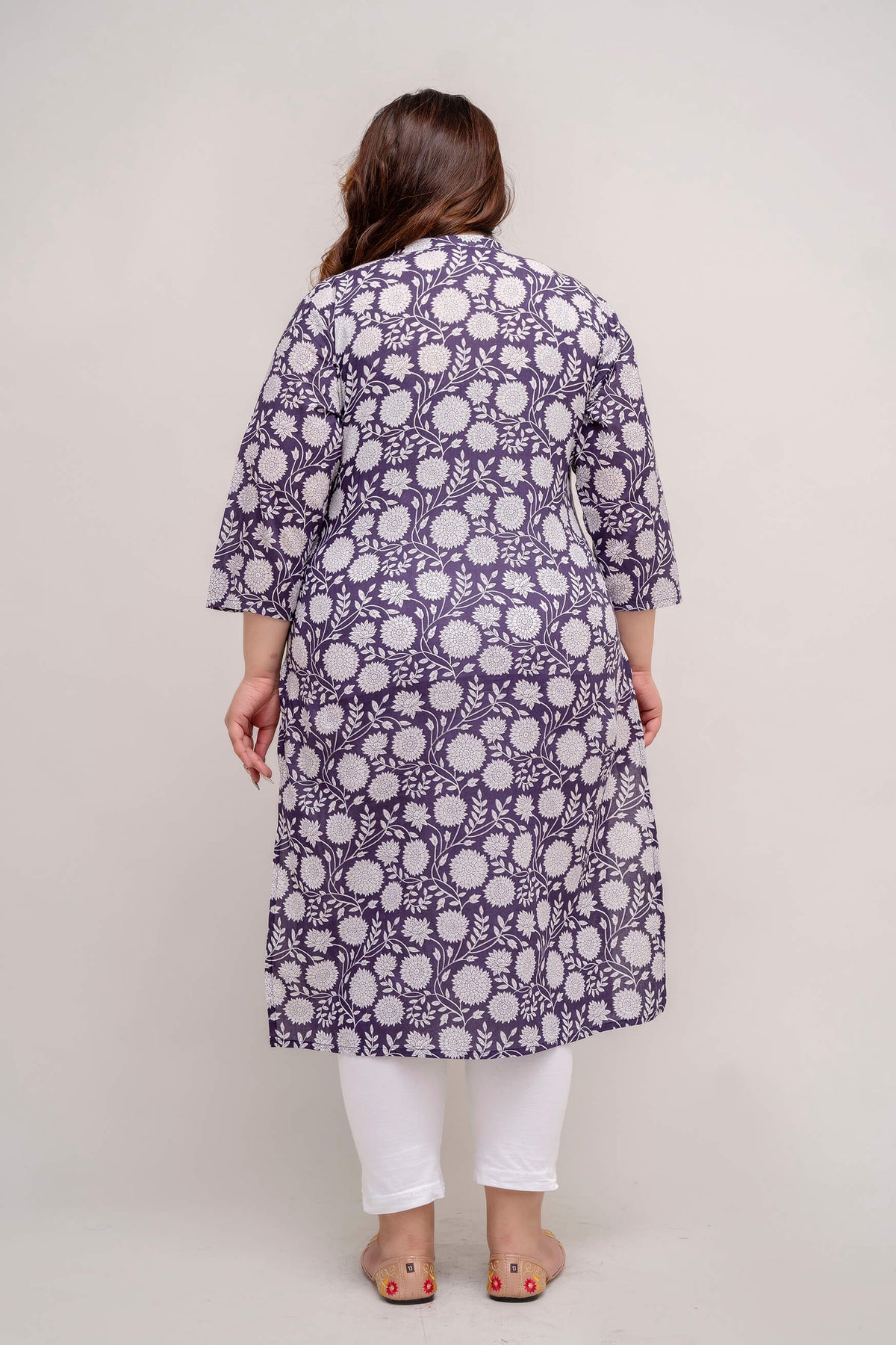 Plus Size purple cotton kurti tunic back view, floral print, breathable cotton, sizes 3XL to 9XL