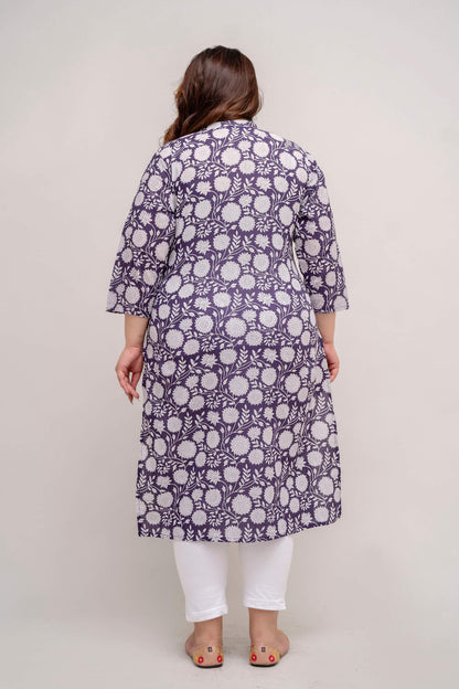 Plus Size purple cotton kurti tunic back view, floral print, breathable cotton, sizes 3XL to 9XL