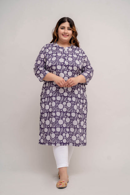 Front view of Plus Size purple cotton kurti for curvy women, notch neck, 3/4 sleeves, big size 3XL–9XL