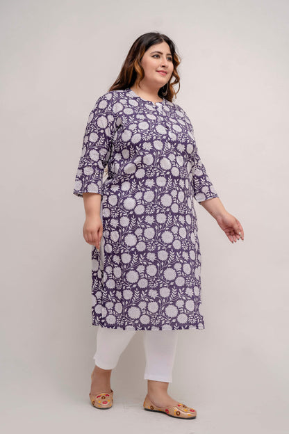 Walking shot of Plus Size purple cotton kurti, floral motif, everyday wear tunic for women 3XL–9XL