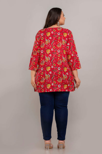 Plus Size Red Floral Rayon Short Kurti Tunic for Fat Women – Back Design View