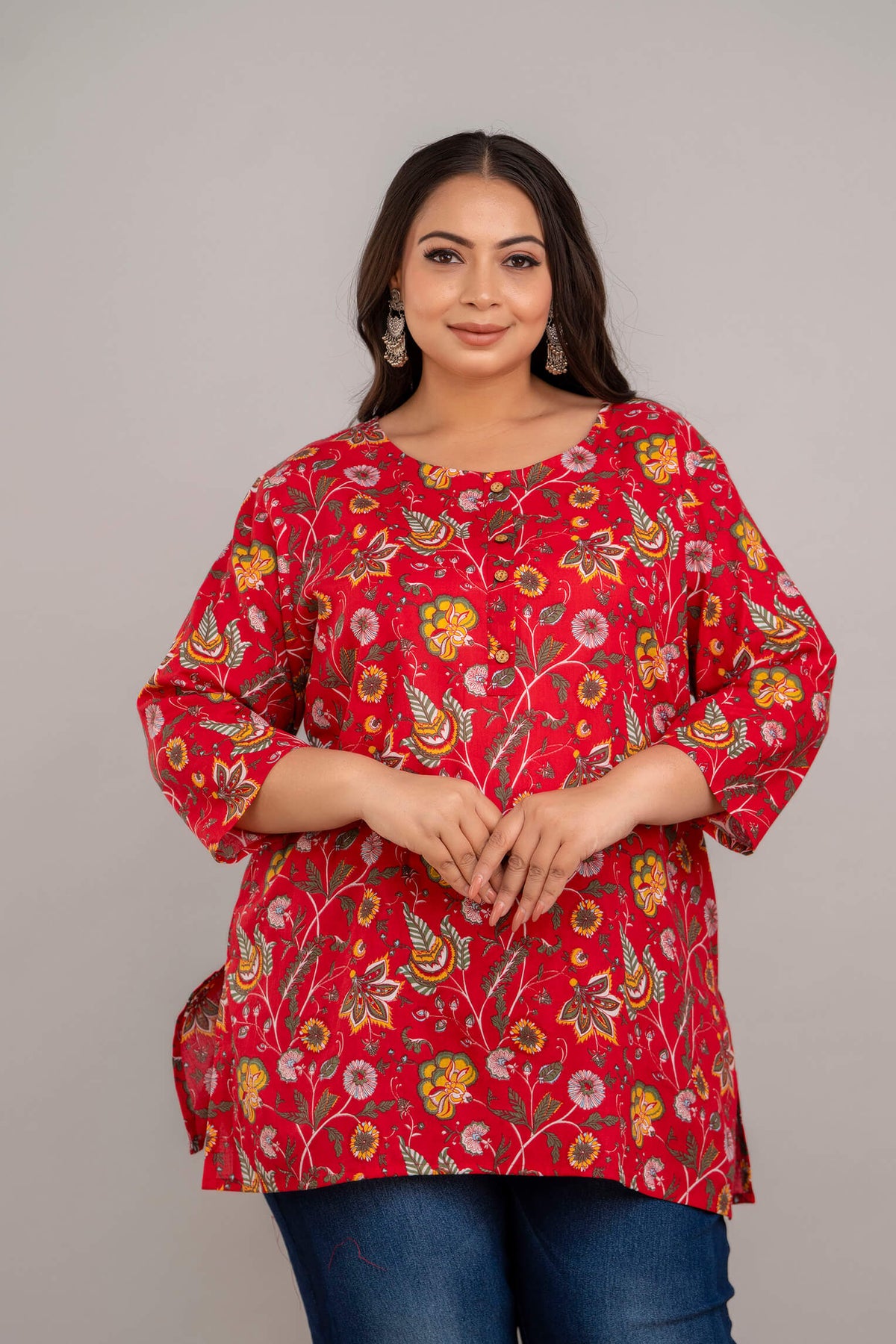 Plus Size Red Floral Rayon Short Kurti Tunic for Curvy Women 3XL–8XL – Front View