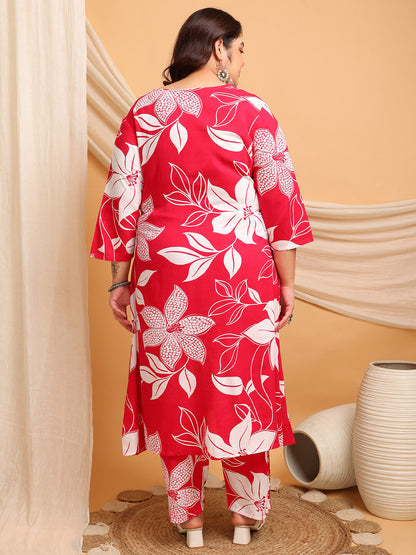 Back view of red rayon kurti pant set with large white floral print and 3/4 sleeves for plus size women – Curvisha