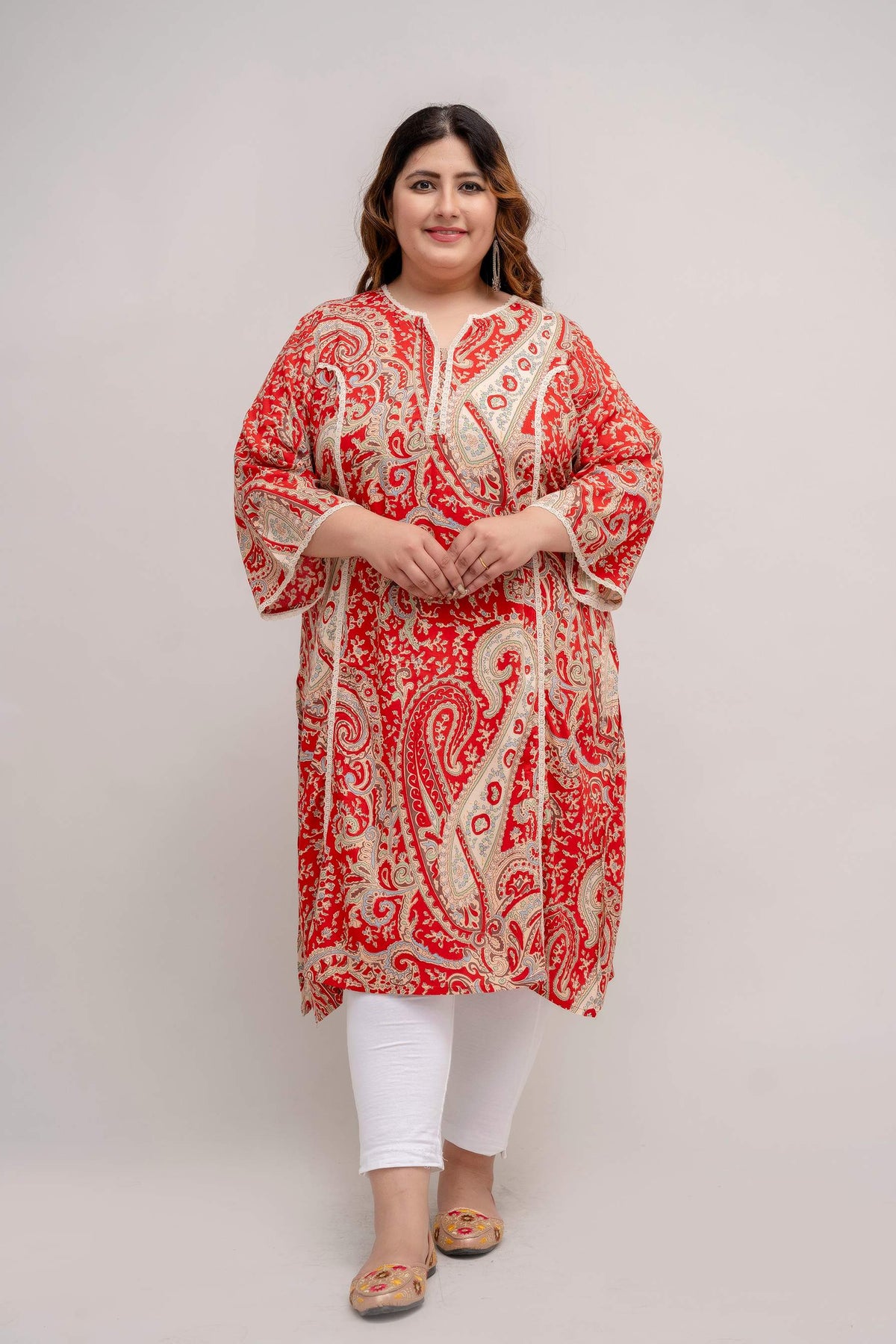 Front view Plus Size red rayon kurti, notch neck, 3/4 sleeves, elegant lace detail for curvy women