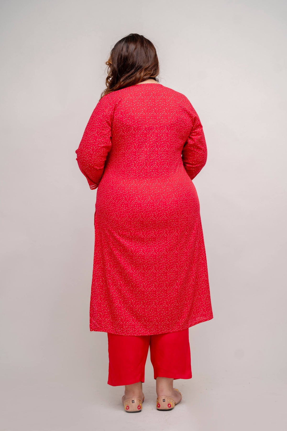 Back View of Plus Size Red Rayon Kurti Pant Set for Fat Women Clothing – Curvisha