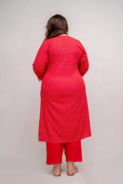 Back View of Plus Size Red Rayon Kurti Pant Set for Fat Women Clothing – Curvisha