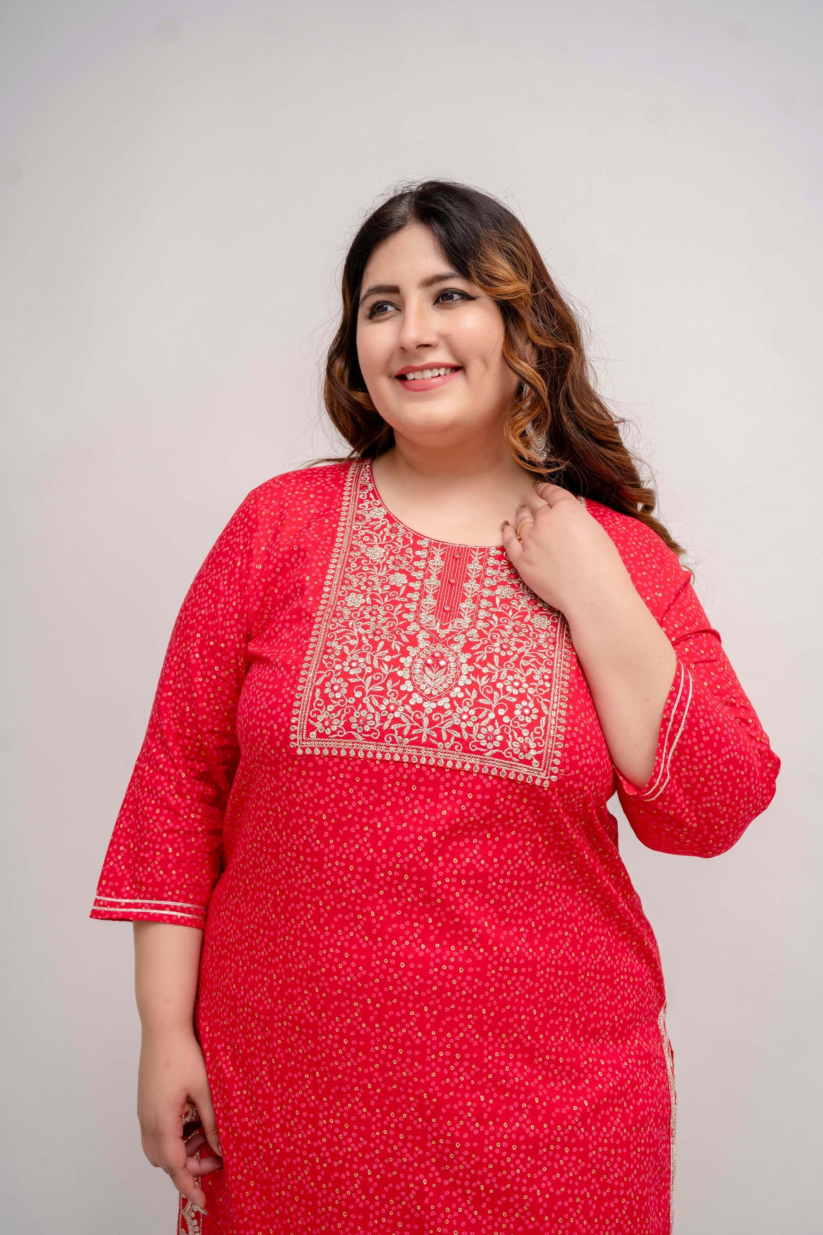 Closeup of Embroidered Yoke Detailing on Plus Size Red Rayon Kurti – Curvisha