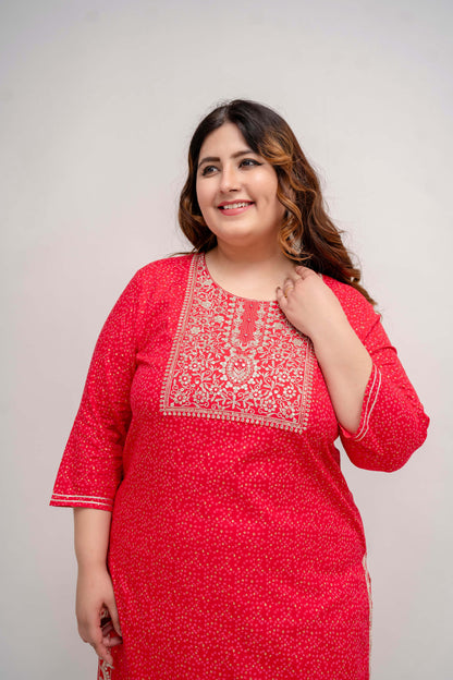 Closeup of Embroidered Yoke Detailing on Plus Size Red Rayon Kurti – Curvisha