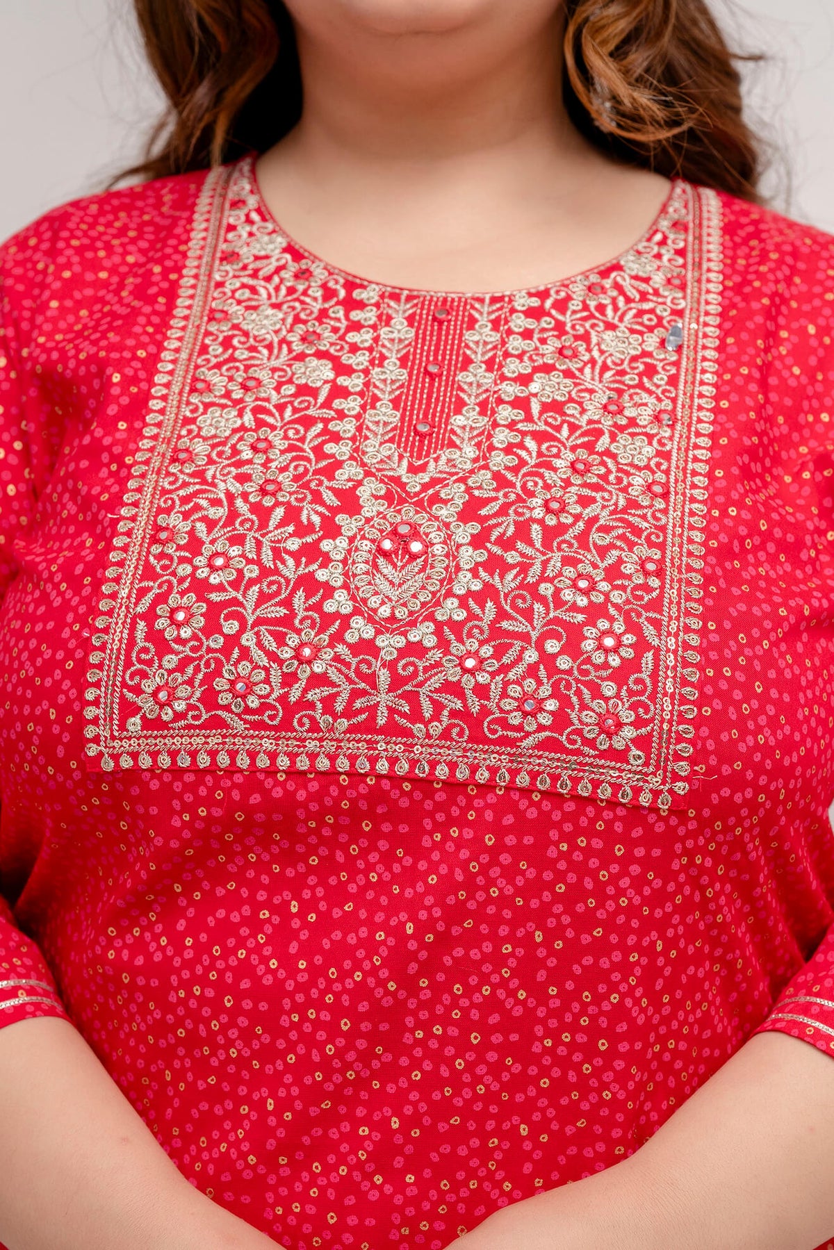 Fine Thread Embroidery Work on Red Rayon Kurti for Plus Size Women – Curvisha