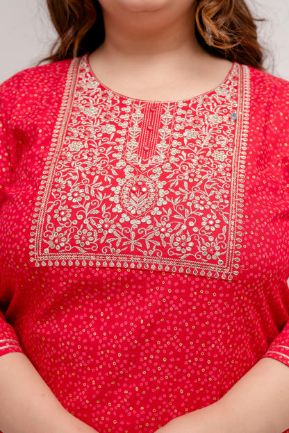 Fine Thread Embroidery Work on Red Rayon Kurti for Plus Size Women – Curvisha