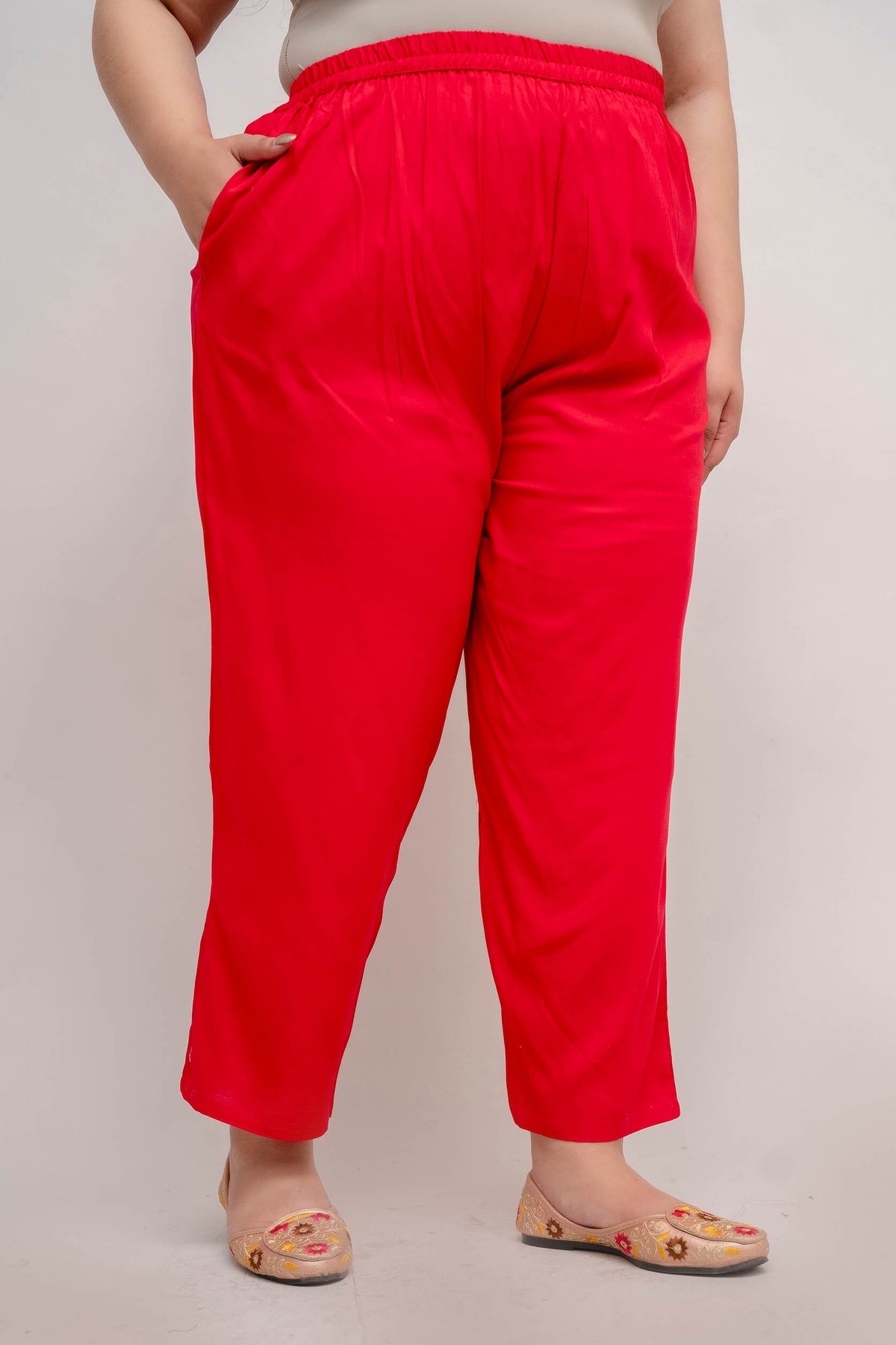 Comfortable Red Rayon Plus Size Pants with Elastic Waist for Curvy Women – Curvisha