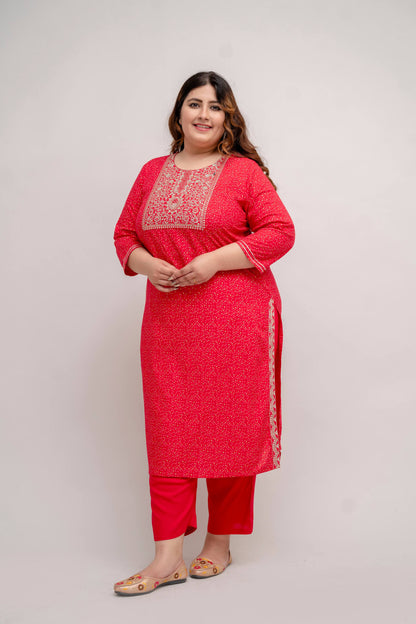 Curvy Woman Wearing Plus Size Red Embroidered Rayon Kurti Pant Set – Curvisha