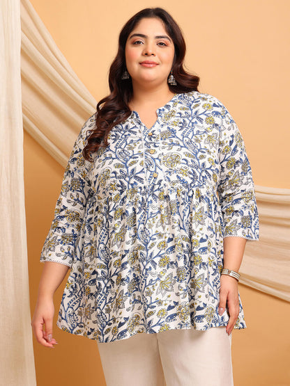 Plus Size White Blue Floral Rayon Short Kurti Tunic for Curvy Women – Front View
