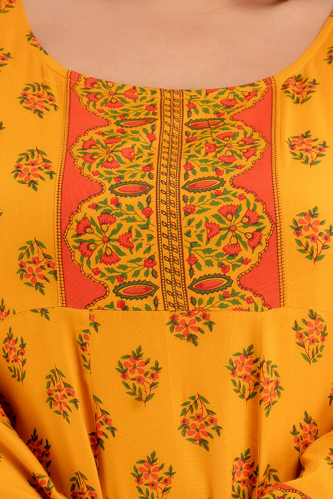 Yellow Rayon Gown Neck Embroidery Detail for Curvy Women