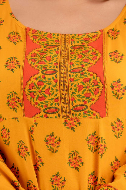 Yellow Rayon Gown Neck Embroidery Detail for Curvy Women