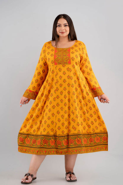 Plus Size Yellow Rayon Gathered Gown Dress Front View 3XL–10XL