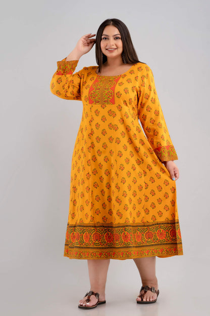 Big Size Yellow Rayon Flared Dress for Fat Women 3XL–10XL