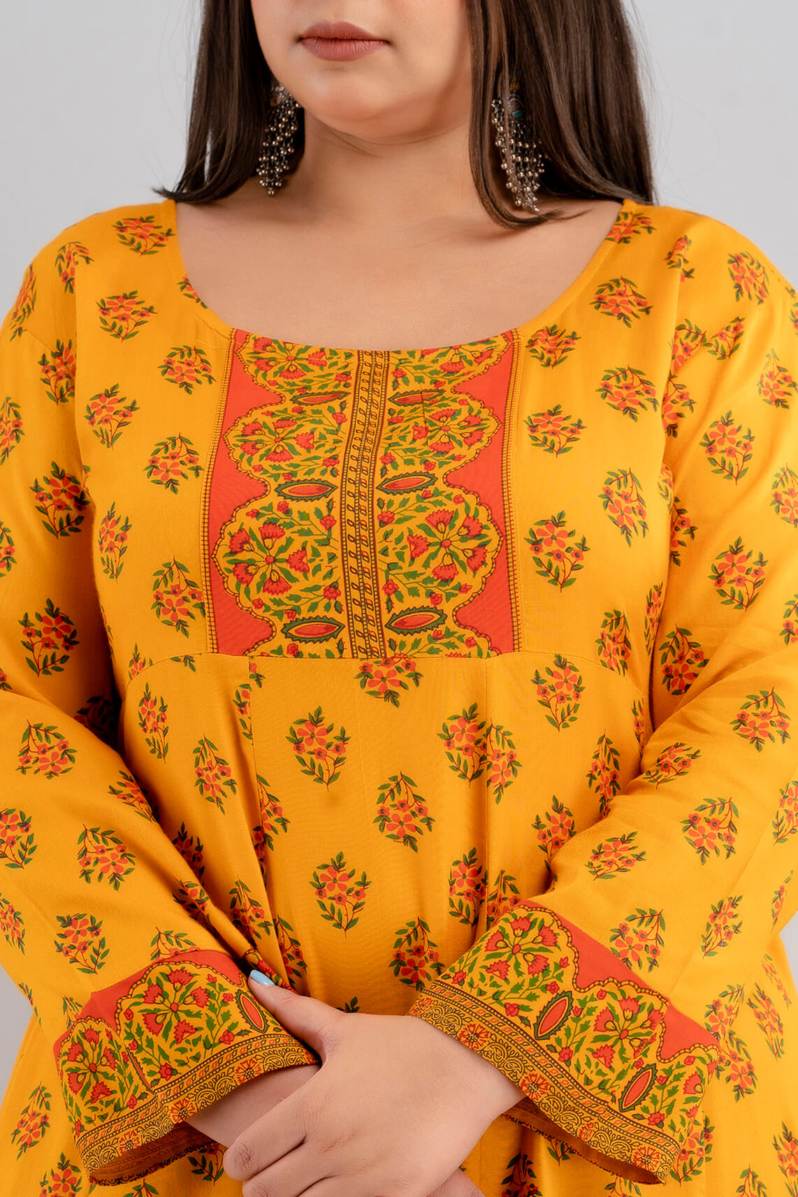 Plus Size Yellow Rayon Gown Printed Sleeve Detail 3XL–10XL