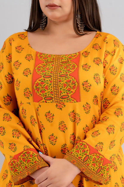 Plus Size Yellow Rayon Gown Printed Sleeve Detail 3XL–10XL