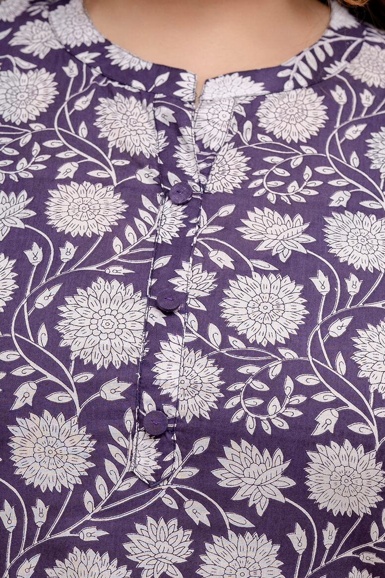 Neckline button placket detail on purple cotton kurti, fat-friendly fit, breathable fabric, sizes 3XL–9XL