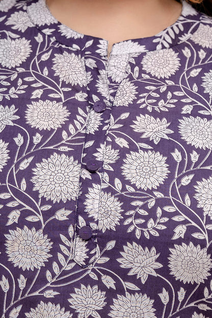 Neckline button placket detail on purple cotton kurti, fat-friendly fit, breathable fabric, sizes 3XL–9XL
