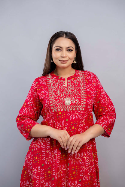 Closeup embroidered yoke on red rayon bandhani gown for fat plus size fashion