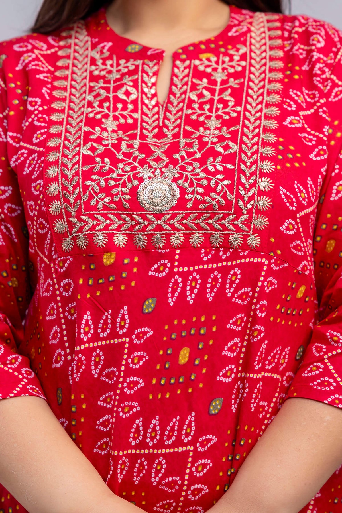 Detailed embroidery and bandhani print on red rayon gown for fat big size clothing