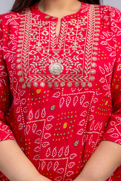 Detailed embroidery and bandhani print on red rayon gown for fat big size clothing