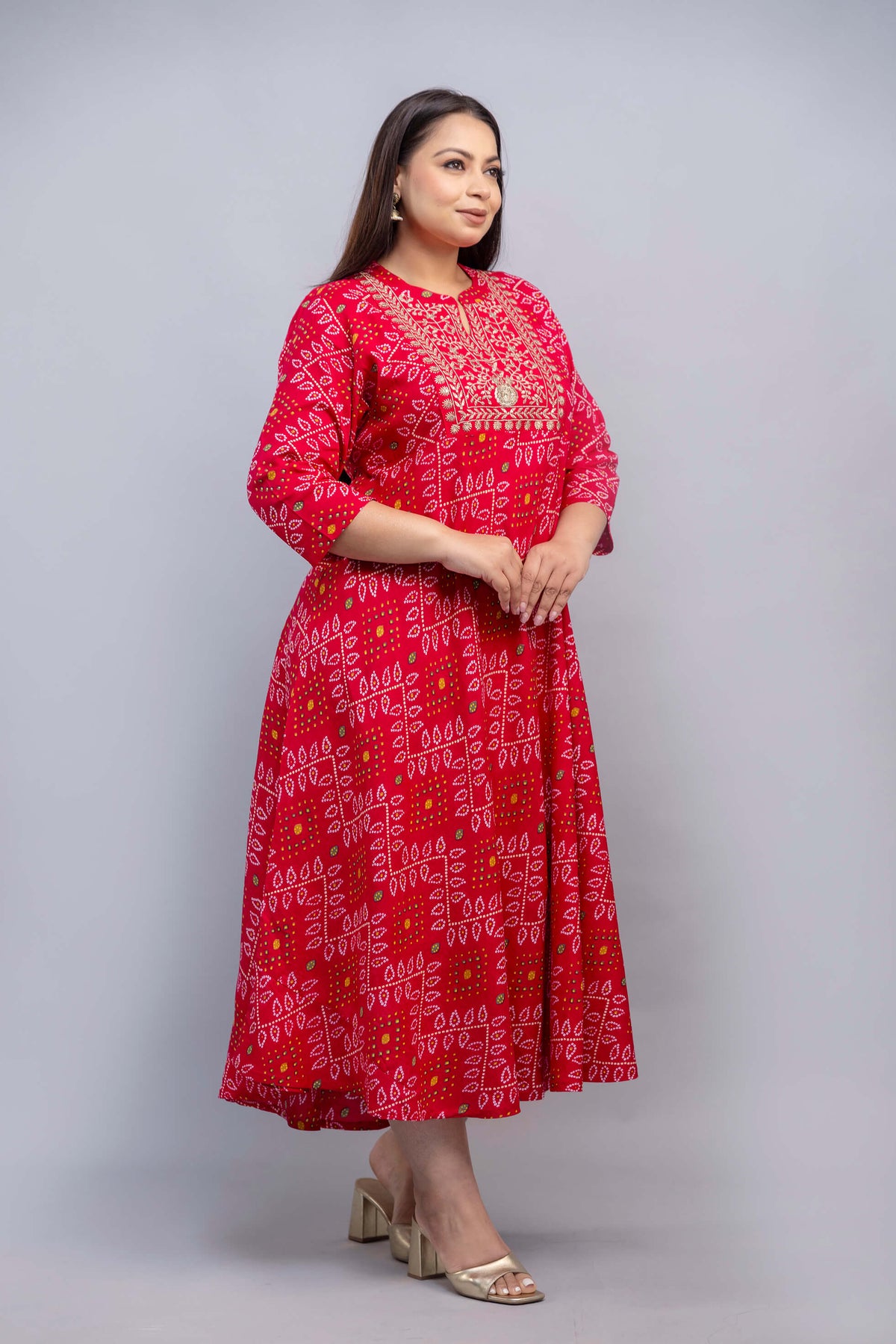 Side angle of plus size red embroidered bandhani gown 3XL to 9XL
