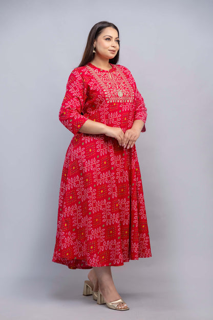 Side angle of plus size red embroidered bandhani gown 3XL to 9XL