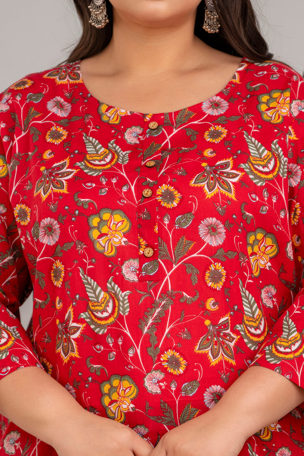 Red Floral Rayon Kurti Tunic Fabric Close-up for Plus Size Women