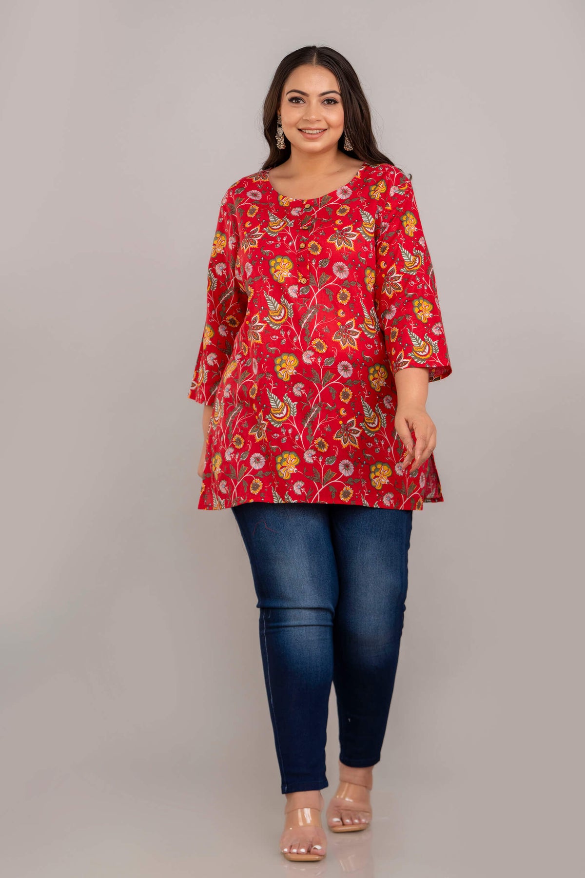 Plus Size Red Rayon Floral Short Kurti Tunic Styled with Jeans for Curvy Women