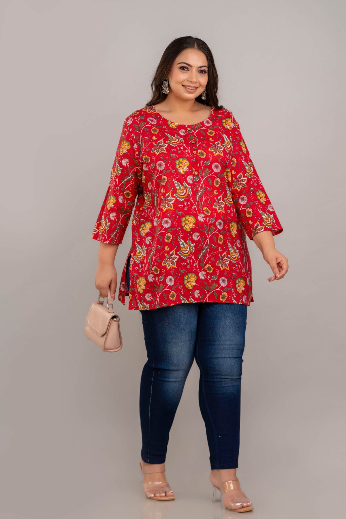 Plus Size Red Floral Printed Rayon Tunic for Women – Side Angle