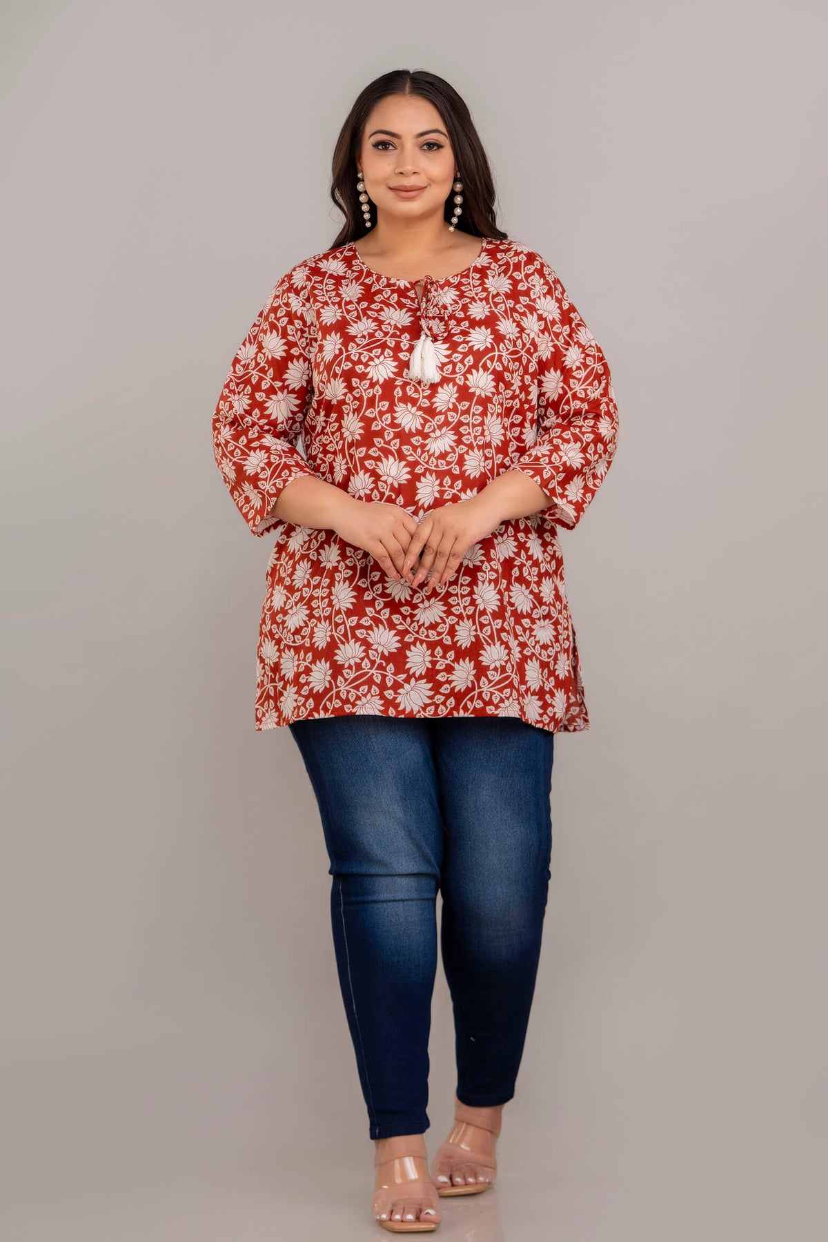 Full Body View of Plus Size Rust Floral Rayon Short Kurti Tunic for Curvy and Full-Figure Women – Curvisha