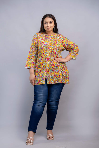 Full Look of Plus Size Mustard Yellow Rayon Short Kurti Tunic for Curvy and Full-Figure Women
