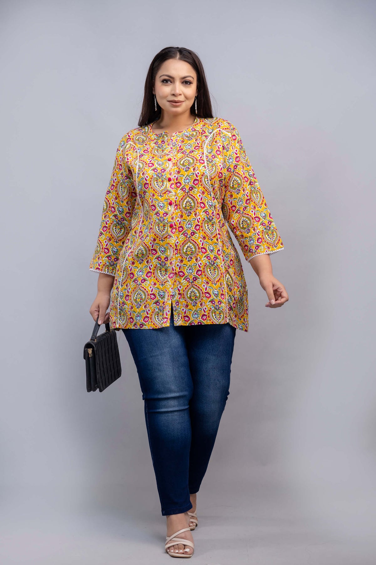 Plus Size Mustard Yellow Rayon Short Kurti Tunic Styled with Bag – Big Size Outfit for Fat Women