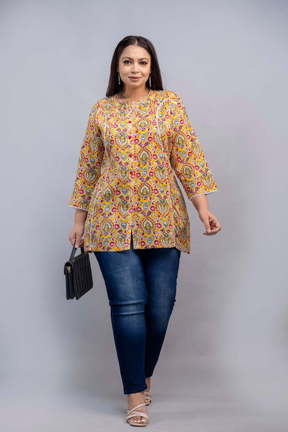 Plus Size Mustard Yellow Rayon Short Kurti Tunic Styled with Bag – Big Size Outfit for Fat Women