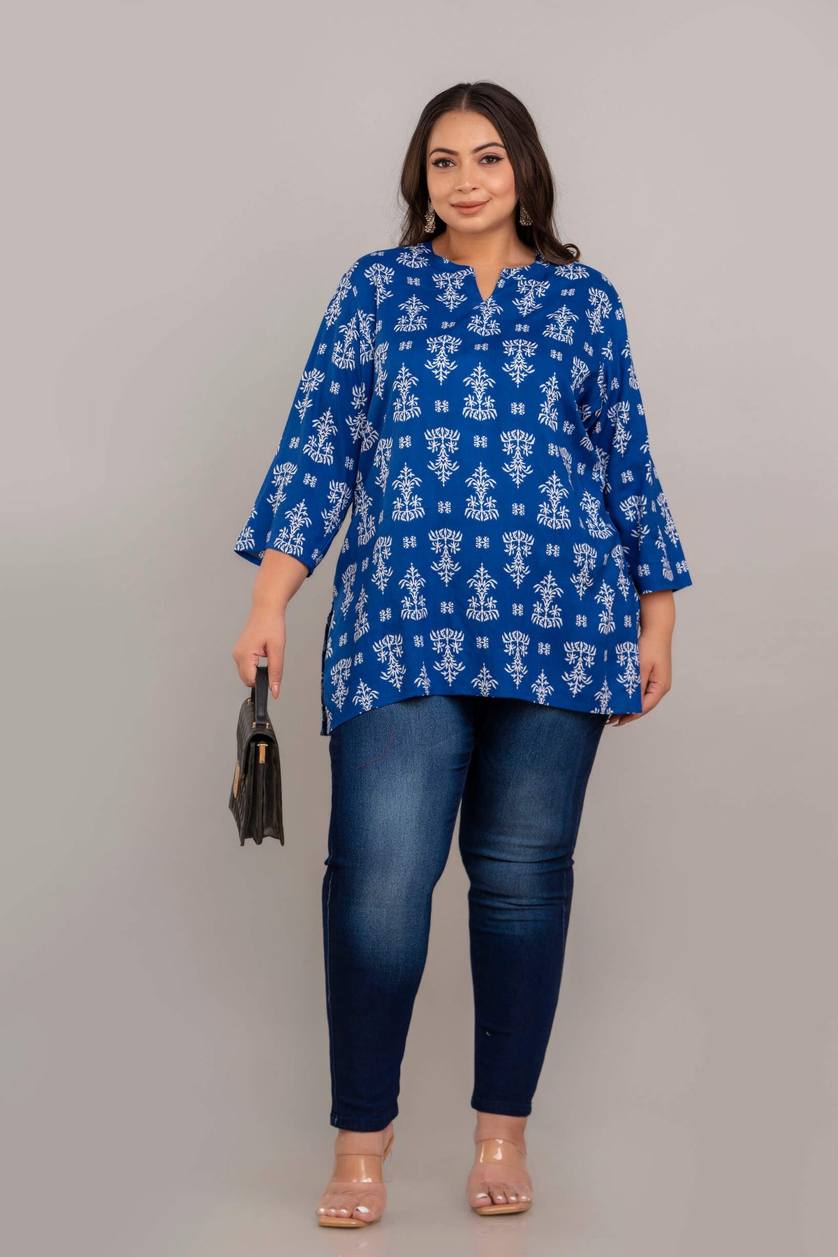Plus Size Blue White Ethnic Rayon Short Kurti Tunic with Handbag – Big Size Outfit for Curvy Women