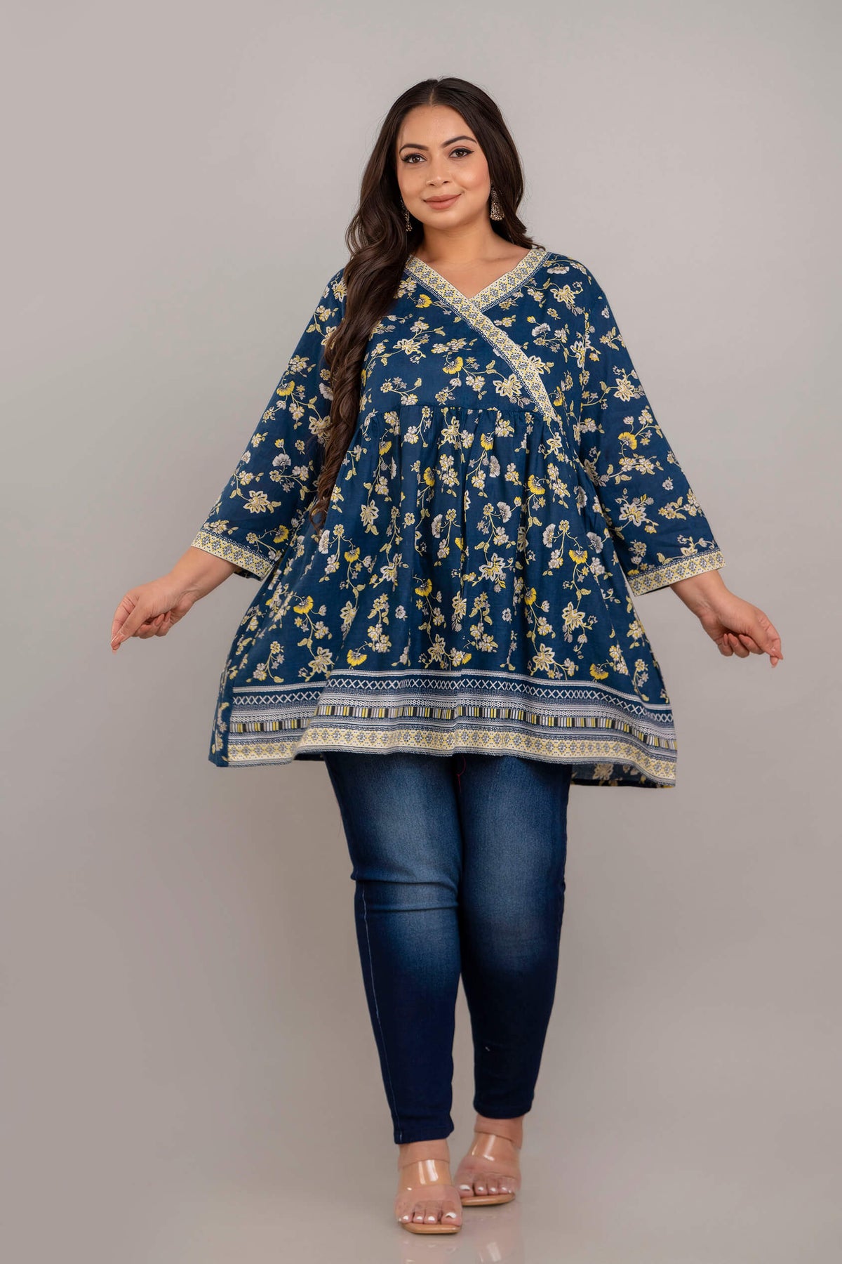 Curvy Women Blue Floral Rayon Short Kurti Tunic – Soft Rayon Big Size Outfit 3XL–8XL
