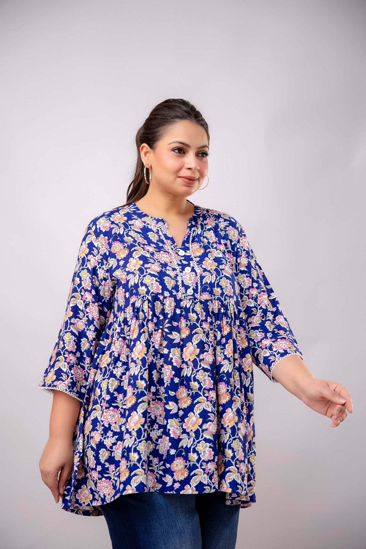 Curvy Women Blue Floral Rayon Short Kurti Tunic – Soft Rayon Big Size Clothing for Everyday Wear